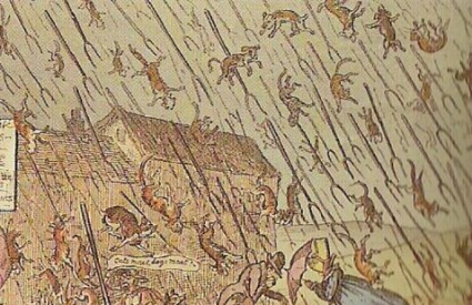 Crtež iz 19. stoljeća koji prikazuje kišu mačaka i pasa
